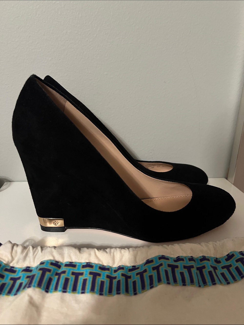Tory Burch Black Suede Wedge Heels with Gold Accent (Size 10)